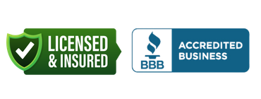 A licensed and insured badge next to an accredited business badge.