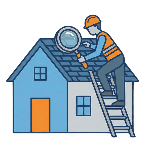 Worker inspecting a blue house roof with a magnifying glass and ladder