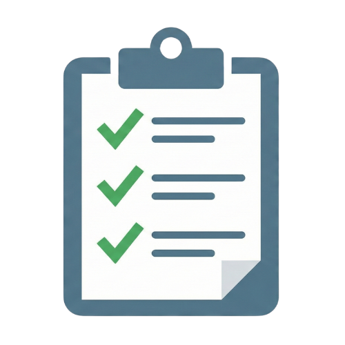Clipboard checklist icon with green checkmarks and gray lines on a blue clipboard