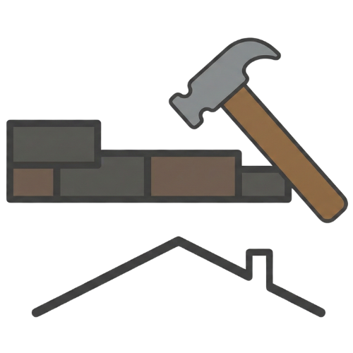 Hammer beside stacked bricks with a simple roof outline beneath.