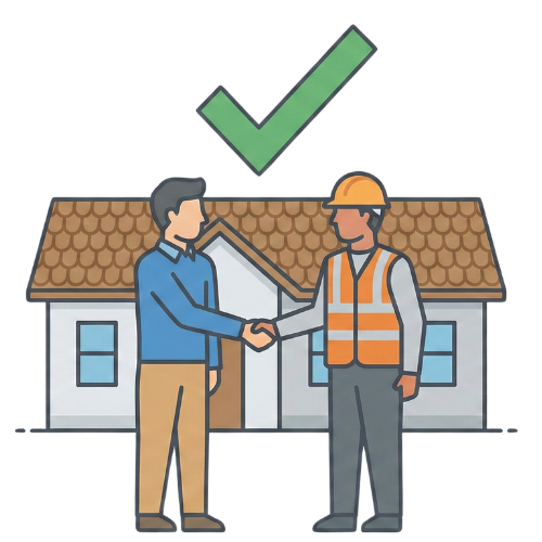 Contractor shaking hands with homeowner in front of house, with a green check mark overhead