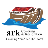 Logo for Ark Covering & Restoration with a brown boat on blue waves and tagline “Covering You After The Storm”