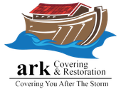 Logo for Ark Covering & Restoration with a brown-and-red ark over blue waves and the slogan “Covering You After the Storm”