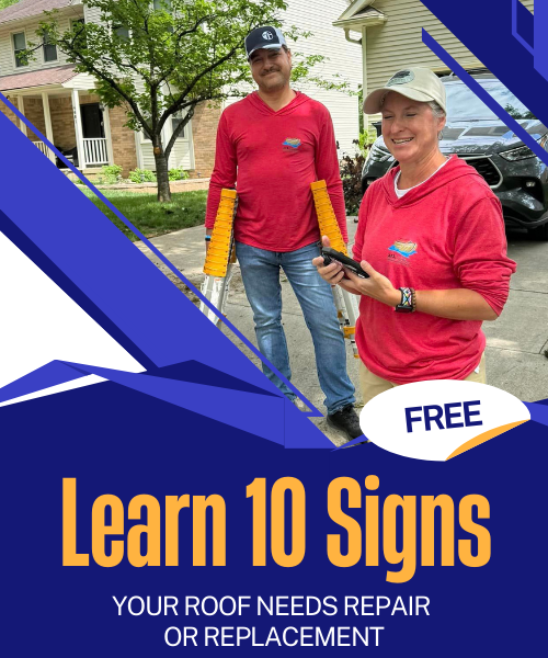 Roof repair ad with two people in red shirts holding roof inspection tools and the text “Learn 10 Signs” and “FREE”