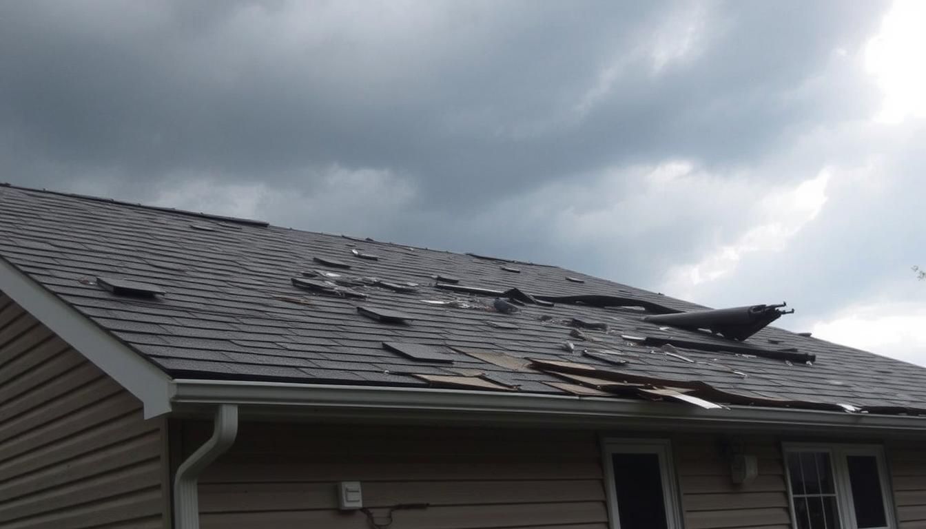 Damaged shingle roof on a house under dark storm clouds