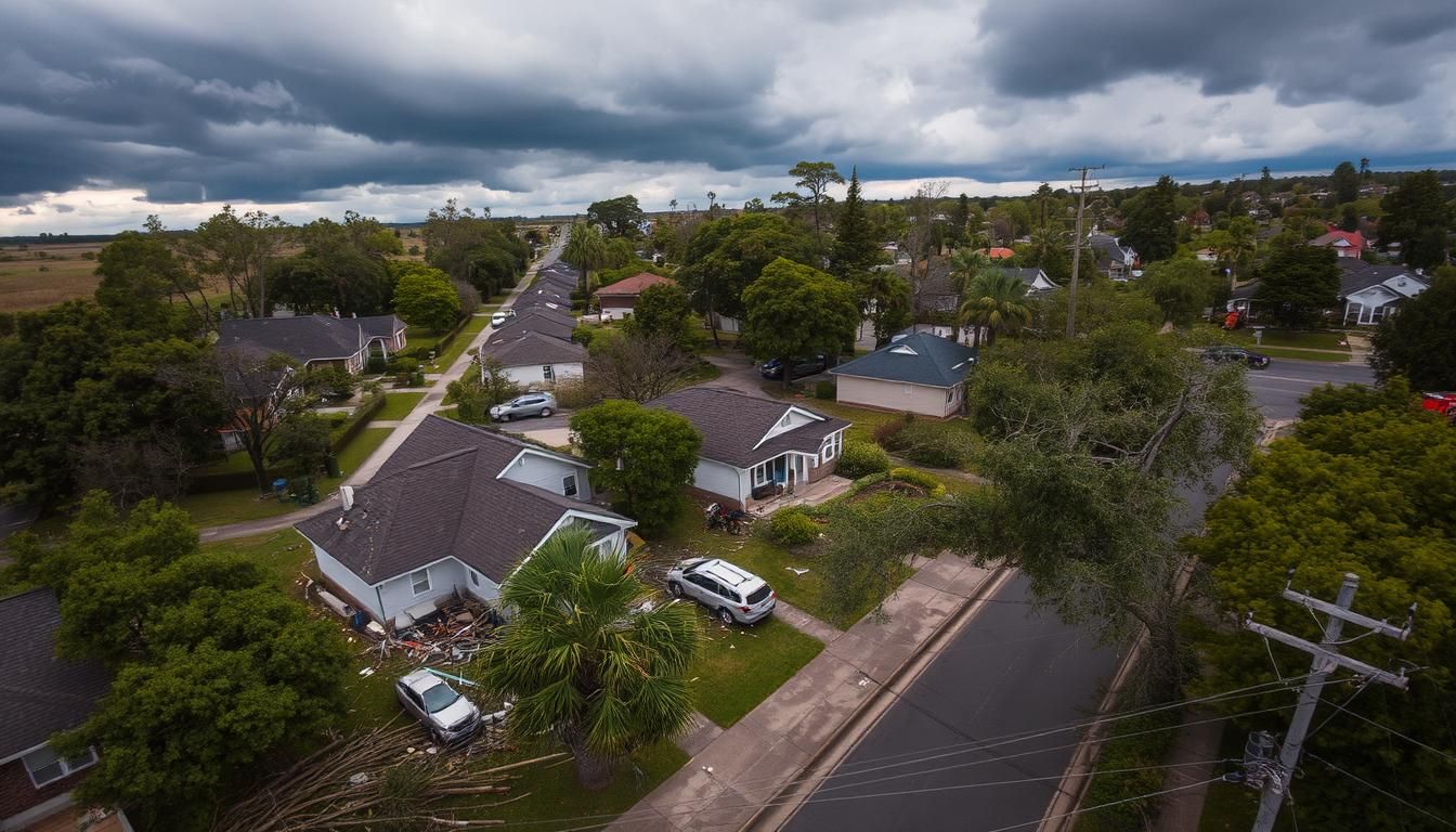 Aerial view of a suburban neighborhood with tree-lined streets, houses, and cloudy skies.