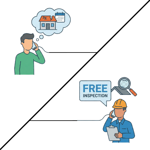 Split graphic: homeowner thinking about house repair; worker holding clipboard beside