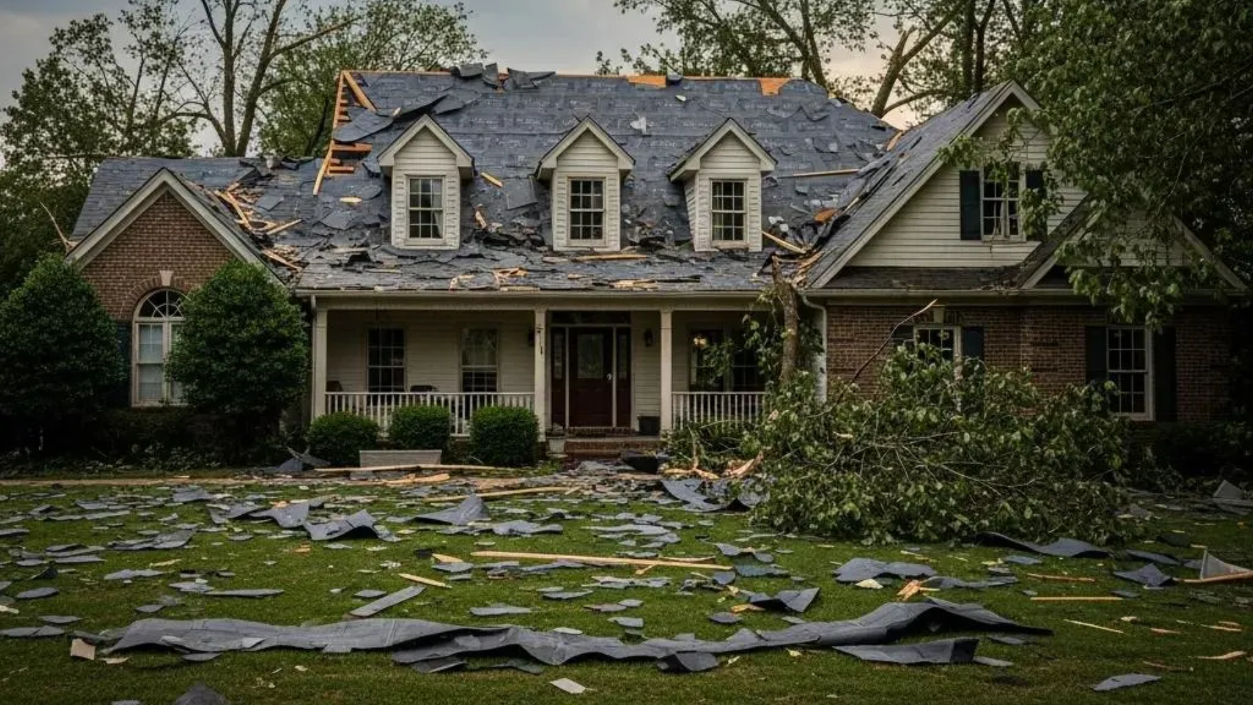 Brick house with damaged roof and yard littered with broken shingles after a storm