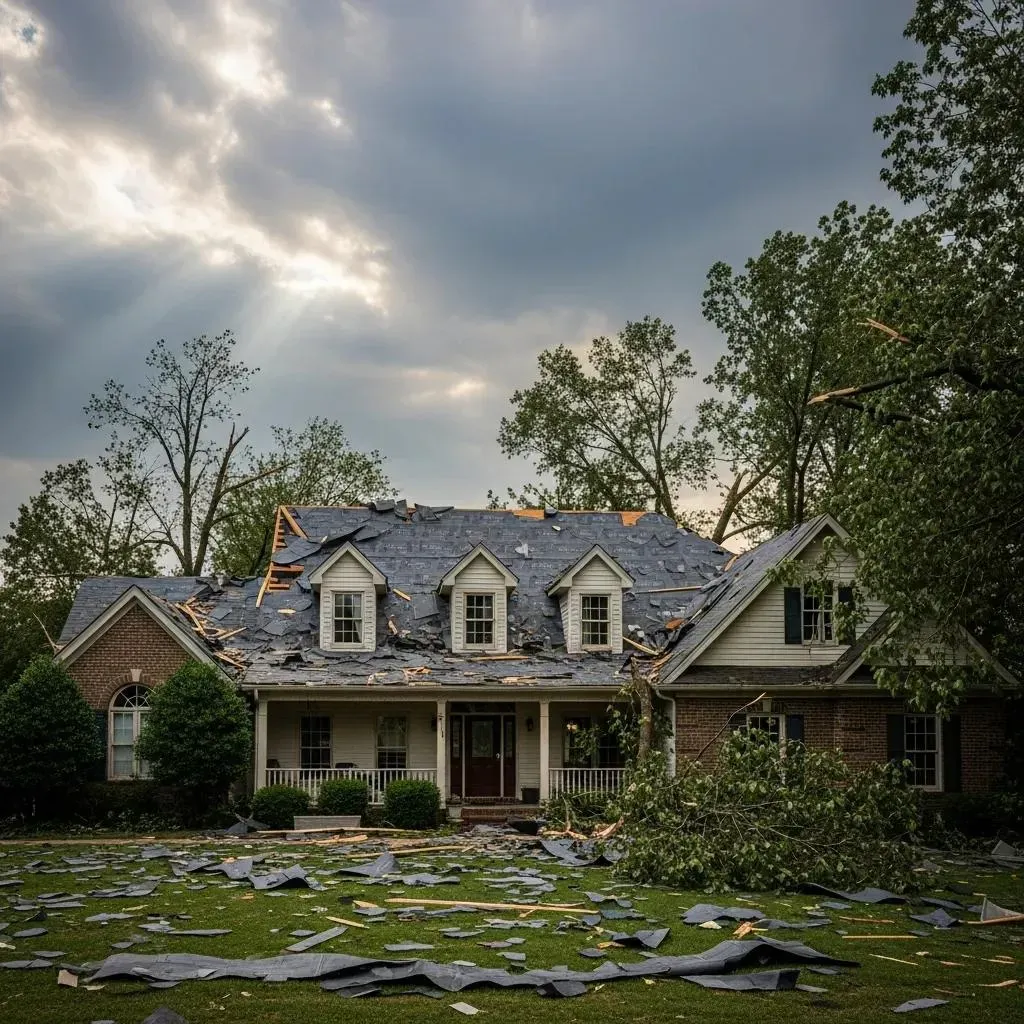 Large brick house with storm-damaged roof and shingles scattered across the lawn under a cloudy sky