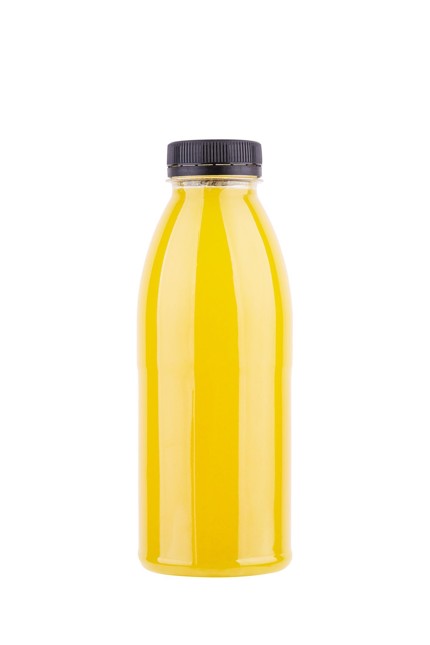 Yellow juice bottle with a black cap on a white background.