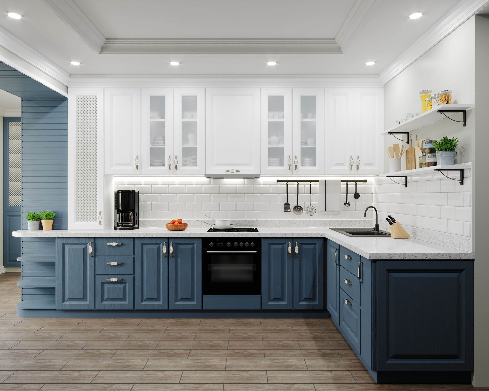 A kitchen with blue cabinets and white counter tops.