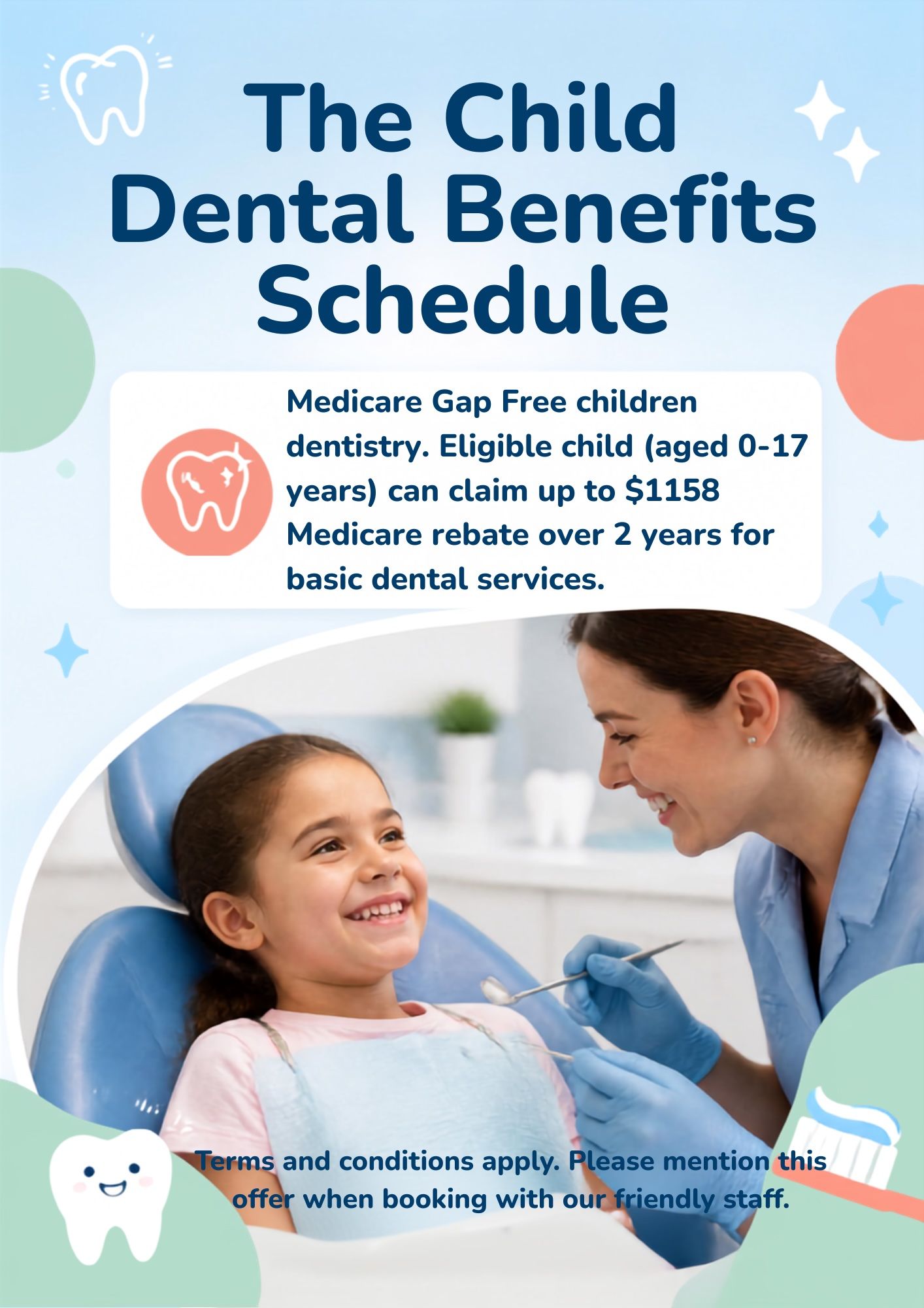 Special offer for dental check-up and clean, with smiling dentist and child in a bright clinic; adults $249, children $199