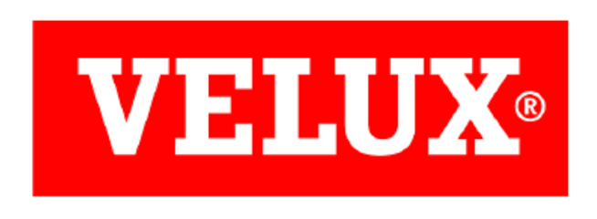 A red and white velux logo on a white background
