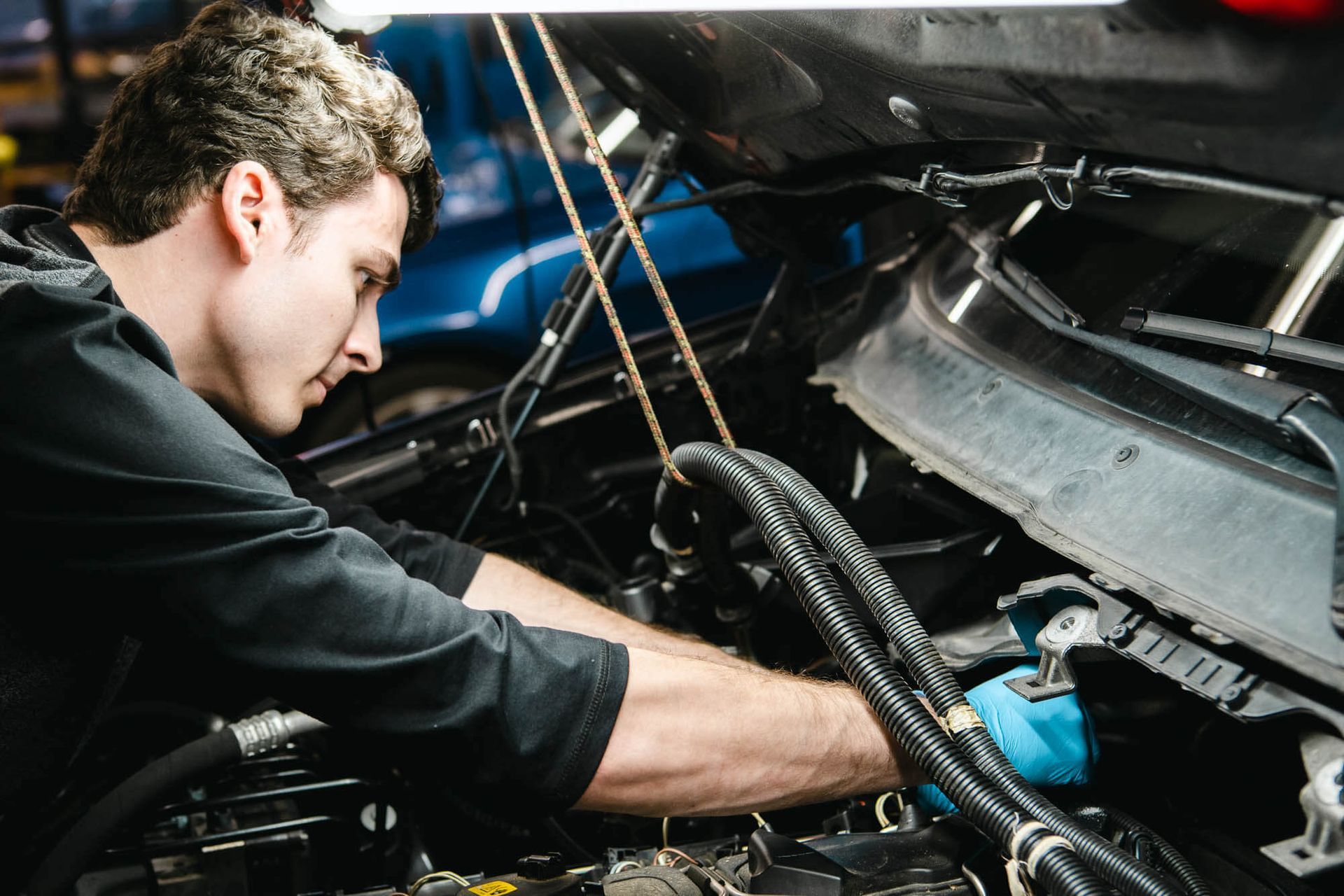 One of Our Certified Mechanics Working on Vehicle Engine in Richmond, VA - The Euro Shop
