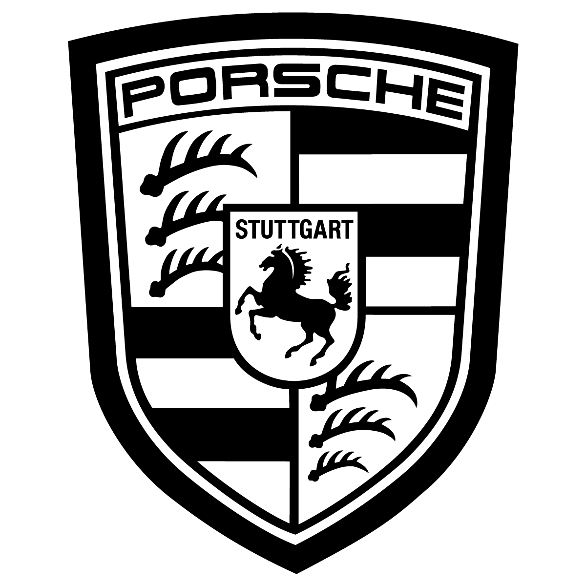 The porsche logo is black and white and has a horse on it. | The Euro Shop