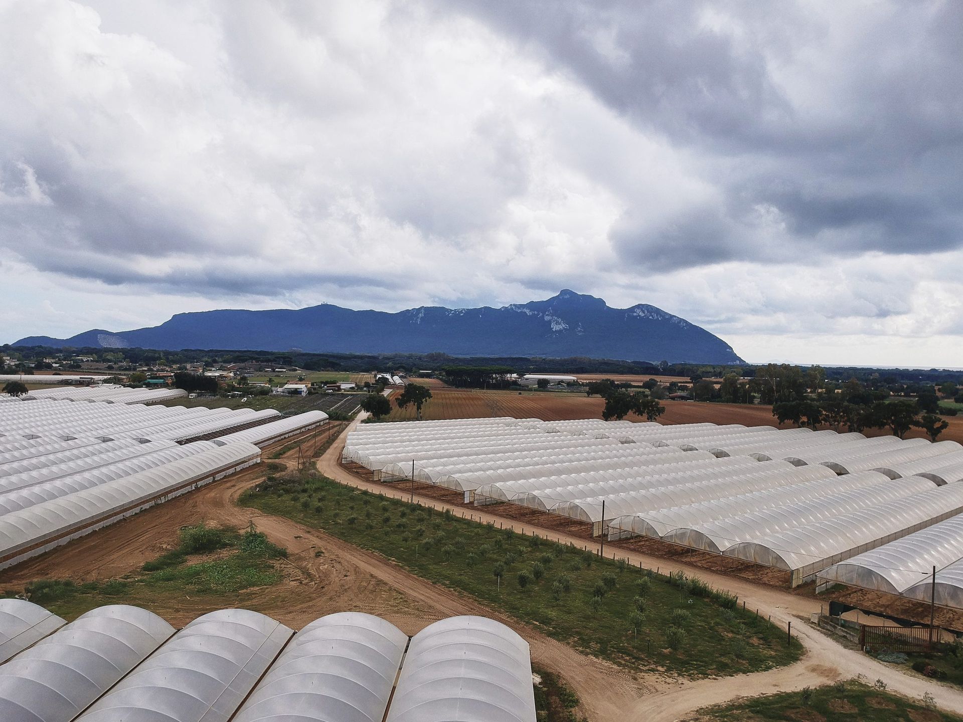 Serre in un campo agricolo sotto montagne nuvolose e un cielo scuro