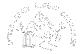 Logo with mountains, trees, a winding road, and a portable restroom reading “Little Ladies Luxury Restrooms”
