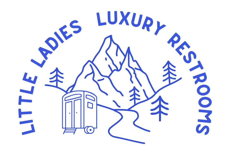 Logo for Little Ladies Luxury Restrooms with blue mountains, trees, road, and portable restroom icon