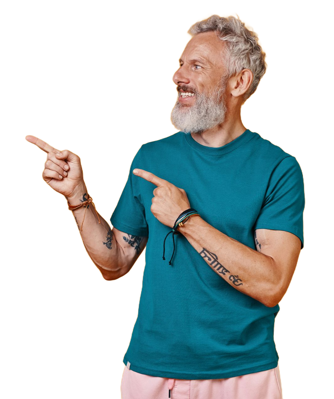 Older gentleman smiling and pointing to the left.
