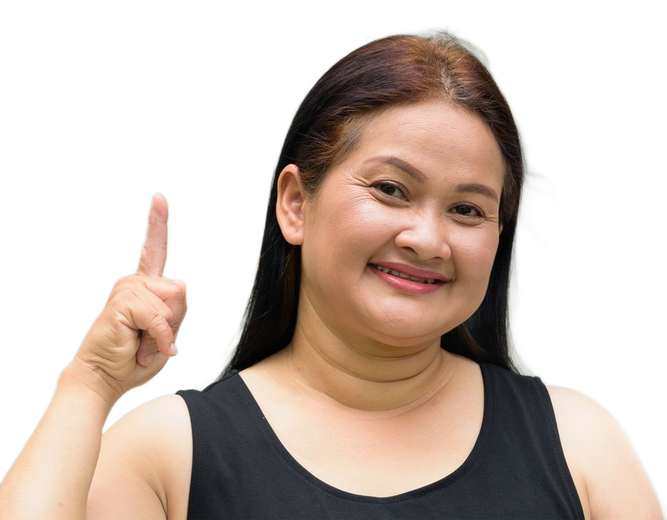 Older smiling woman pointing up with her right hand.