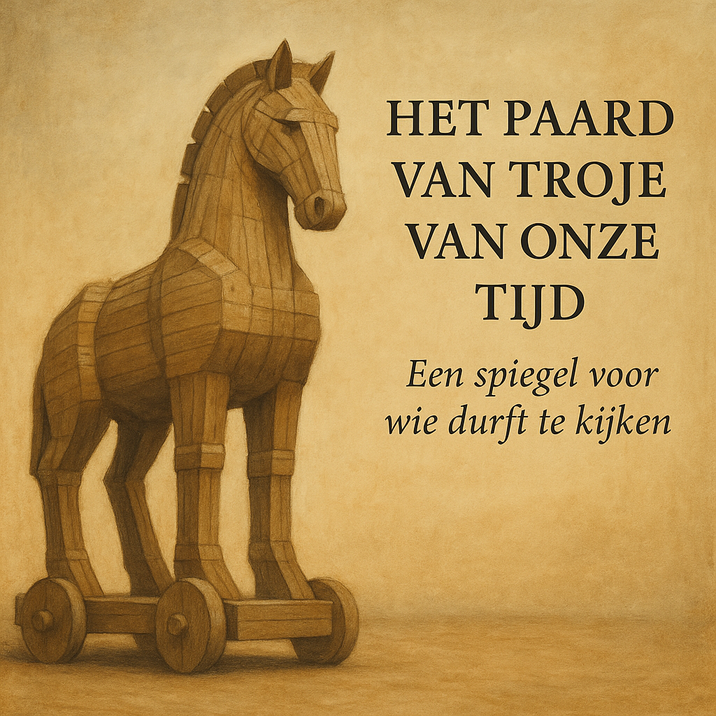 Wooden Trojan horse with text: