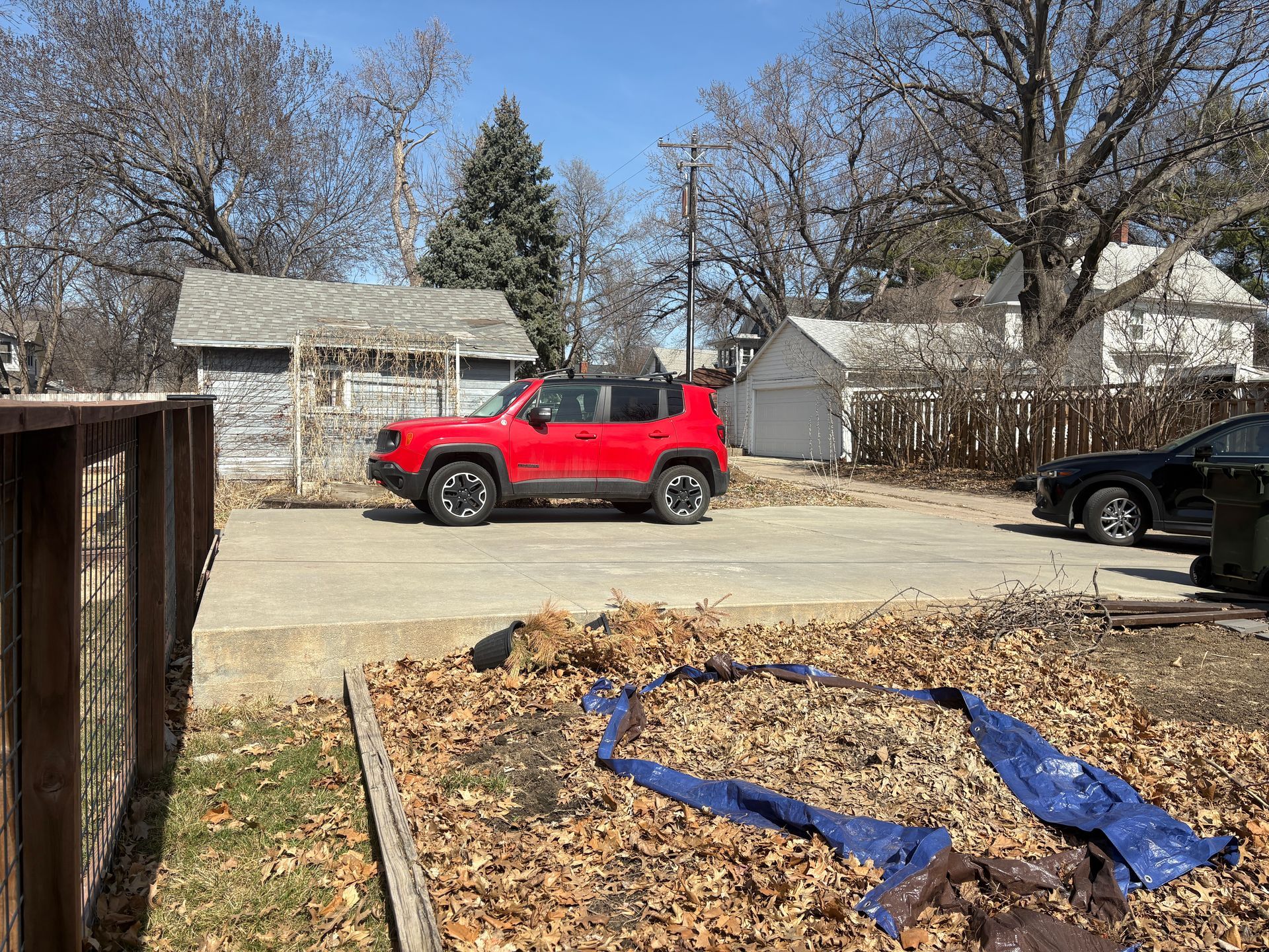 Red Jeep Renegade parked on a paved lot, surrounded by trees and houses on a sunny day.