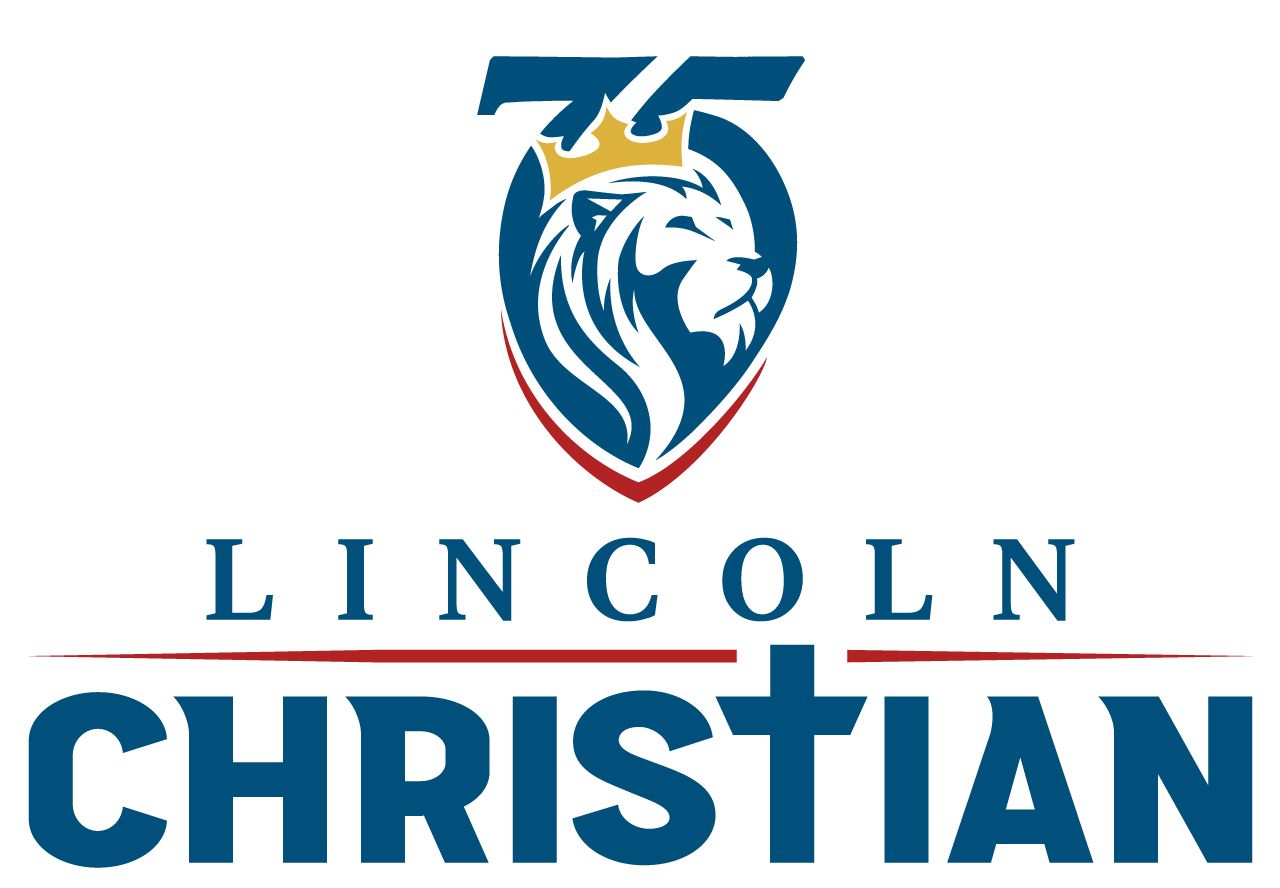 Logo for Lincoln Christian: Lion's head with crown inside a blue and red shield, 