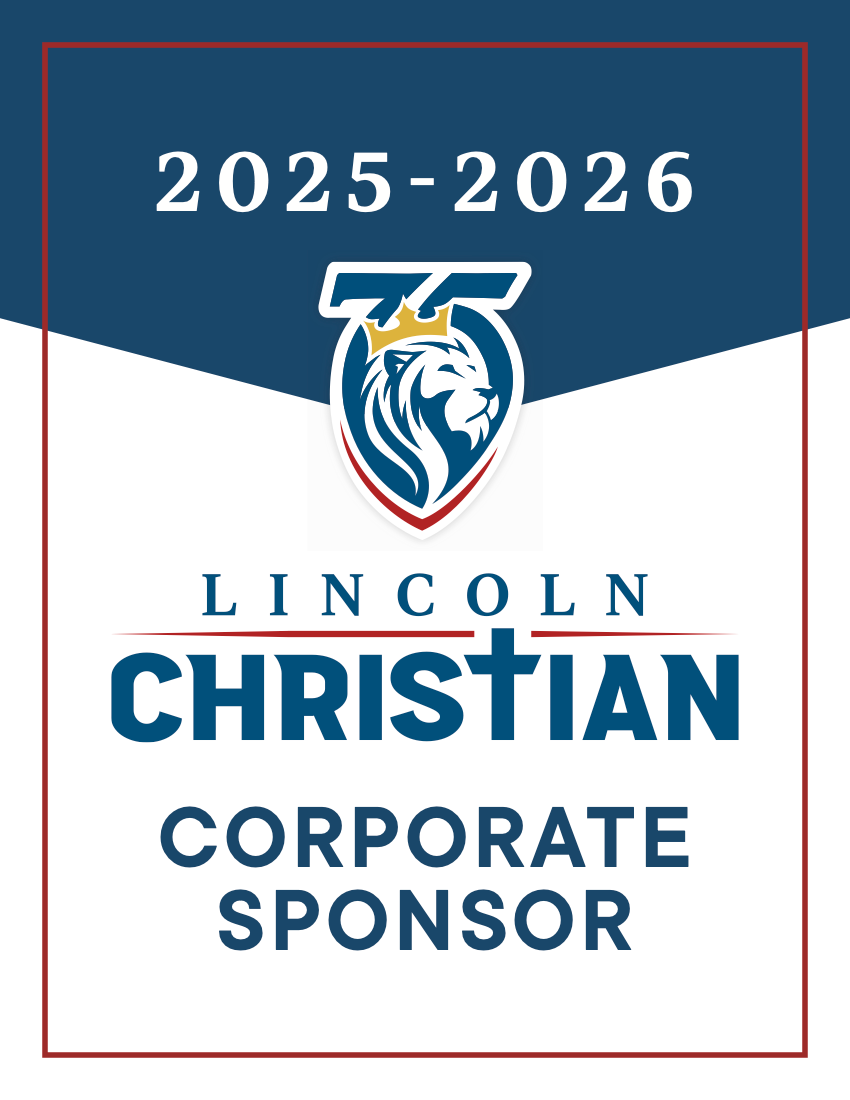 Lincoln Christian Corporate Sponsor badge with a lion logo, blue and white color scheme, and 