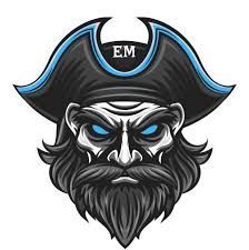 Pirate with a stern expression wearing a black hat with blue trim, 