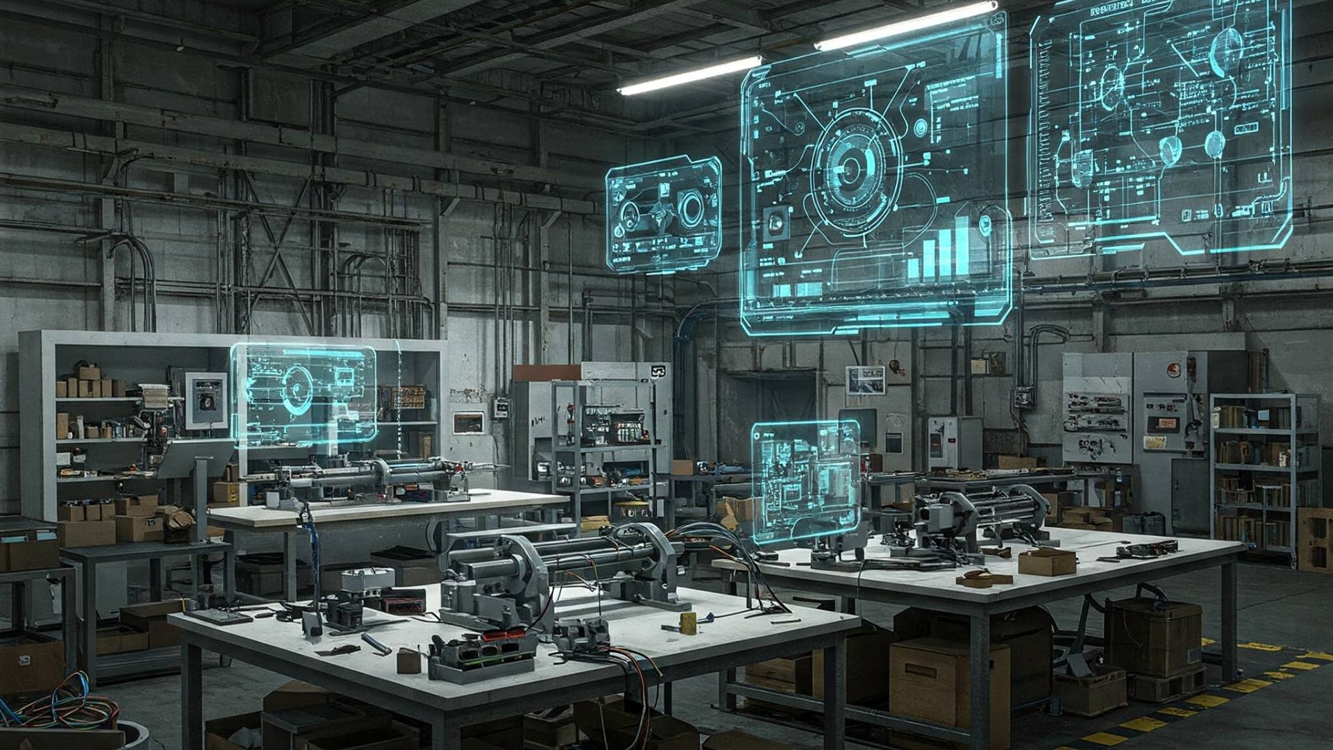 A warehouse filled with lots of tables and computers.