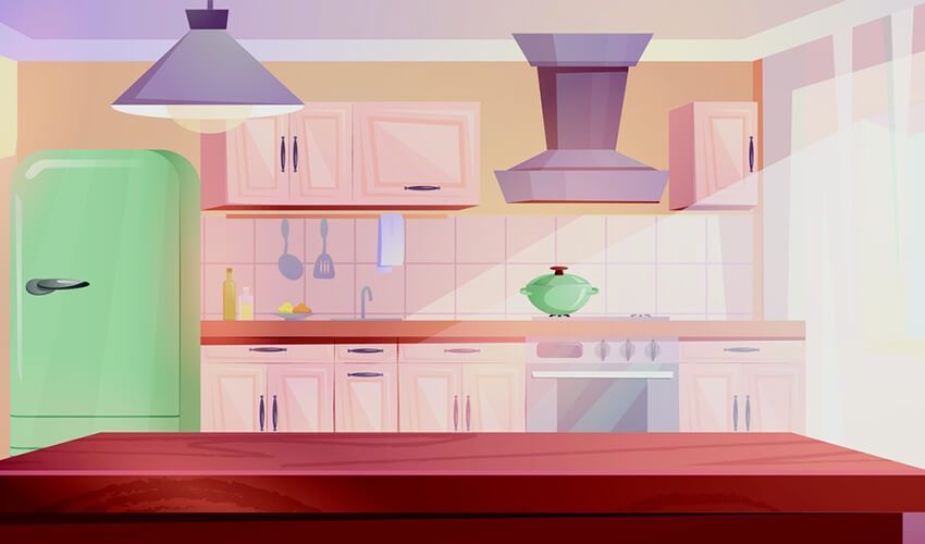 Pastel kitchen with green fridge, pink cabinets, hanging lights, stove, and red counter in foreground