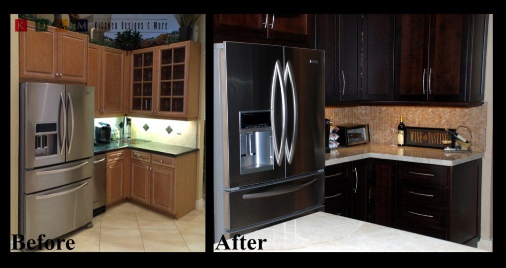 Kitchen remodel before-and-after: old beige kitchen beside a modern dark wood and stainless steel kitchen.