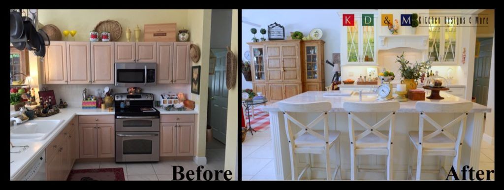 Split-screen kitchen before-and-after: cramped beige kitchen replaced by bright white dining space with island.