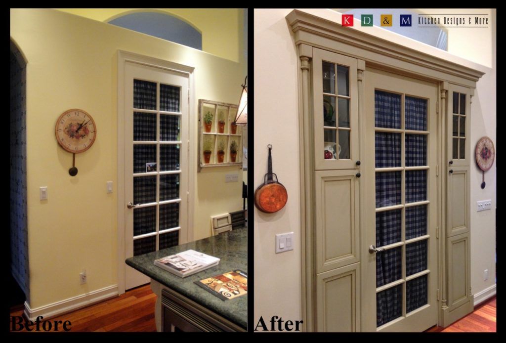 Before-and-after view of a room wall with a decorative cabinet or concealed door installation