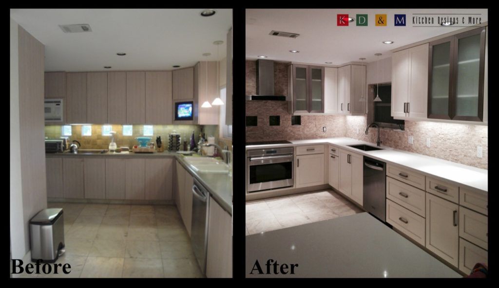 Before-and-after kitchen remodel: dated beige kitchen beside bright modern white kitchen.