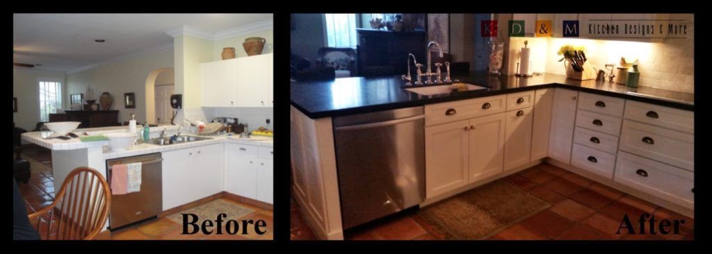 Before-and-after kitchen renovation: white kitchen before, warm wood cabinets after.