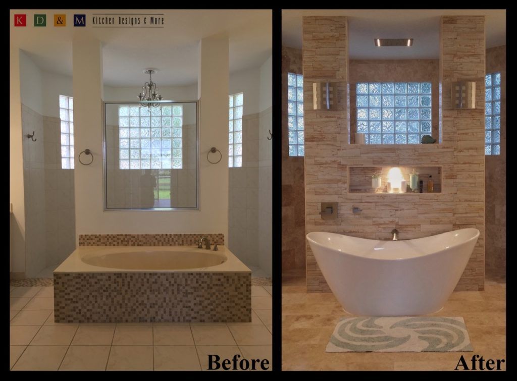 Before-and-after bathroom remodel with a freestanding tub, tiled walls, and window alcove.