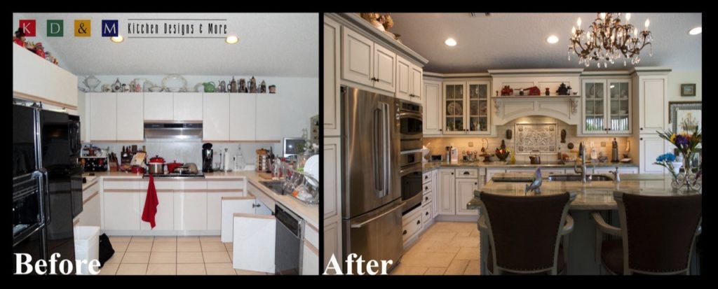 Before-and-after of a modern kitchen transformed into a luxurious dining room