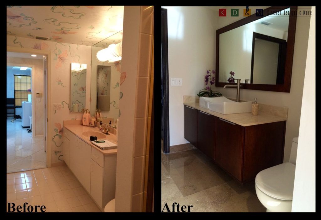 Before-and-after bathroom remodel: dated vanity on left, modern dark vanity with mirror on right.