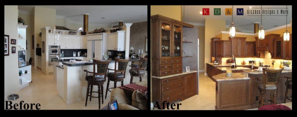 Before-and-after kitchen remodel: plain white kitchen transformed into warm wood cabinetry with island and pendant lights