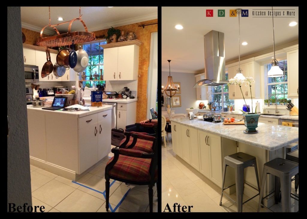 Before-and-after kitchen renovation showing a dark, cluttered island transformed into a bright white kitchen.