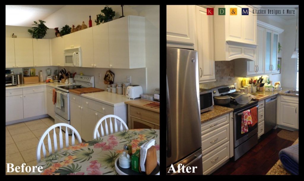 Split-view kitchen renovation: cluttered before on left, modern dark-countertop kitchen after on right