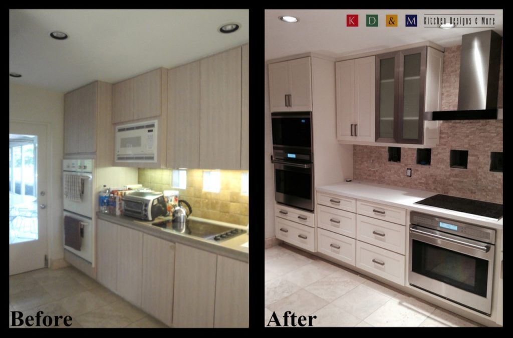 Split-screen kitchen remodel before-and-after: beige cabinets updated to white cabinets with stainless steel appliances.