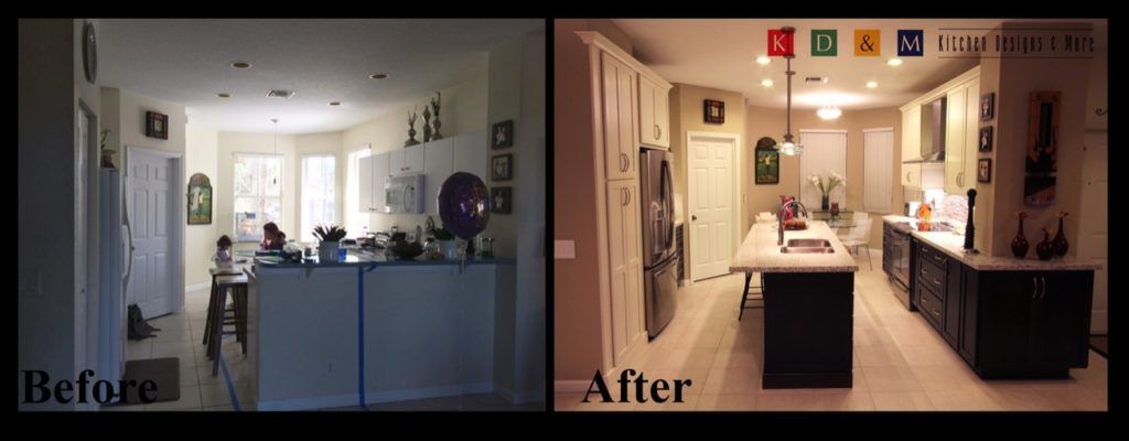 Split-screen kitchen “Before” and “After,” showing a dark room transformed into a bright, modern kitchen.