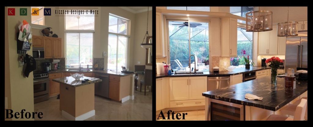 Before-and-after kitchen interior with updated cabinets, countertops, and lighting.