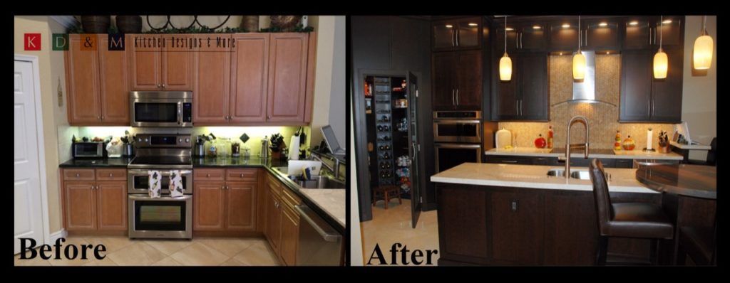Before-and-after kitchen remodel: dated wood cabinets versus dark modern kitchen with island lights.