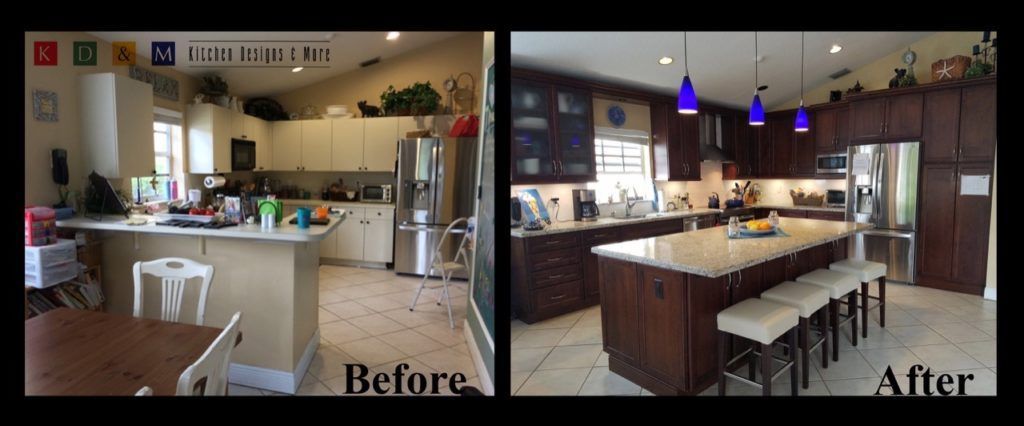 Before-and-after kitchen bar renovation with white counter, dark wood island, and pendant lights