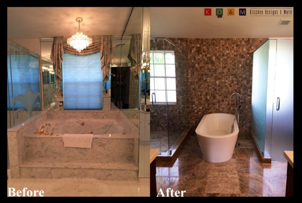 Before-and-after bathroom remodel: tub and mirror replaced with a modern freestanding tub and tiled walls.