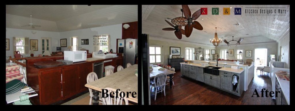 Before-and-after kitchen remodel: dark wood cabinets updated to a bright, open white kitchen with island.