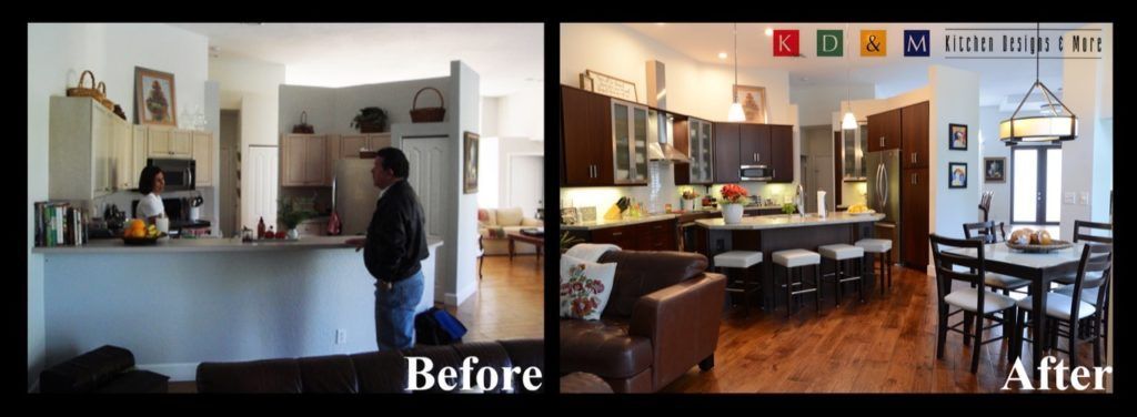 Before-and-after view of a kitchen and living room remodel, with a person standing at the counter.